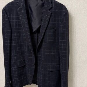 Zara Men's 4-Way Stretch Comfort Knit 2 Button Blue Plaid Jacket.